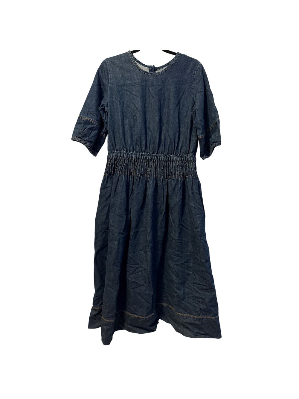 YMC Garden Cotton Denim Midi Dress Blue Smocked Waist Button Back Sz S